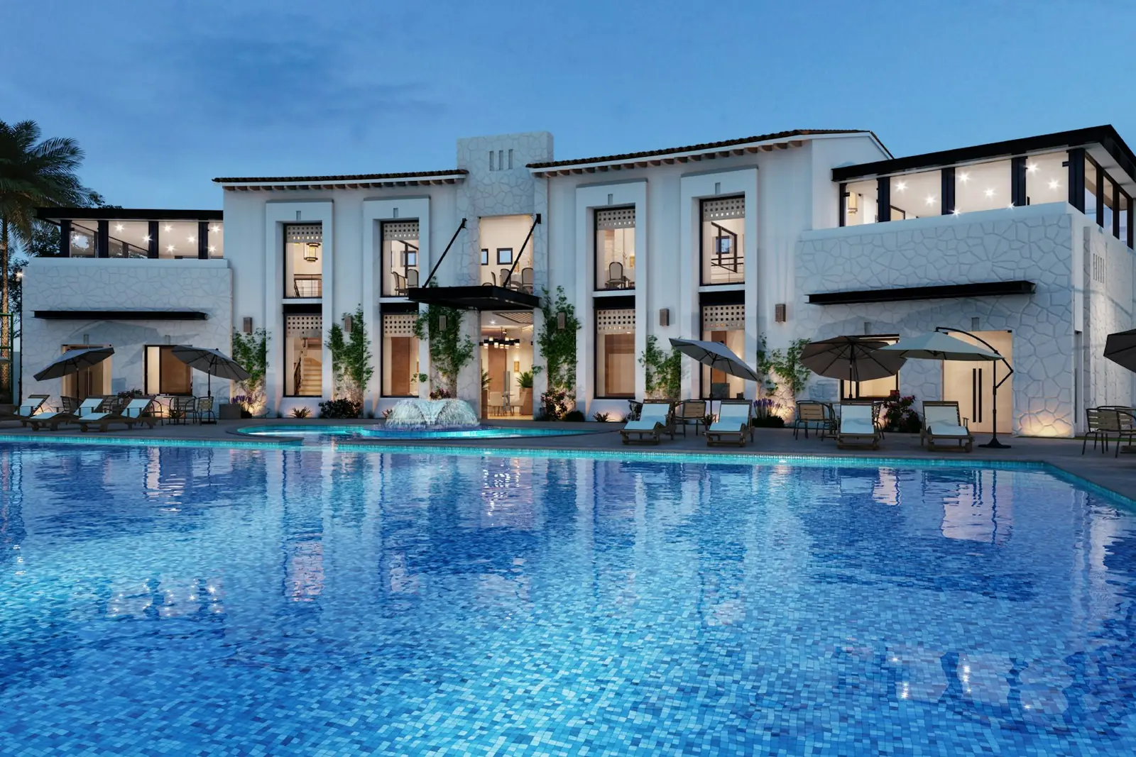 A white hotel building and swimming pool at dusk, used as a generic stay illustration
