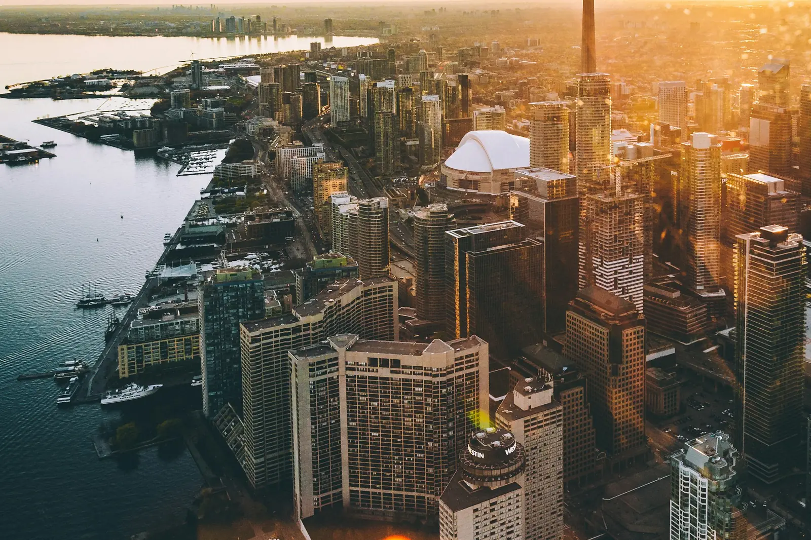 Aerial view of downtown Toronto, the CN Tower, and the waterfront